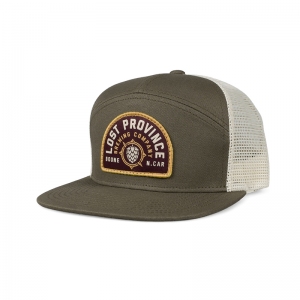 Emblem-Headwear_5570-7-Panel-Trucker_Lost-Province-Brewing_Olive-Ivory_Front