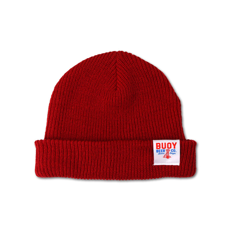 Buoy Richardson cuff beanie with folded woven label tag.