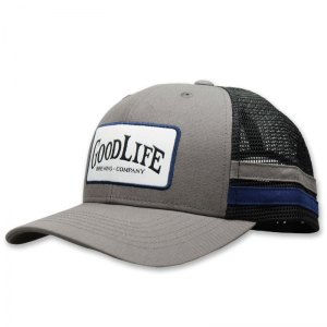 Goodlife patch trucker with fabric strips on side