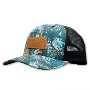 Hana Koa leather patch trucker hat with full pattern print crown