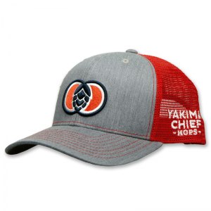 YCH heather grey with red mesh embroidered trucker