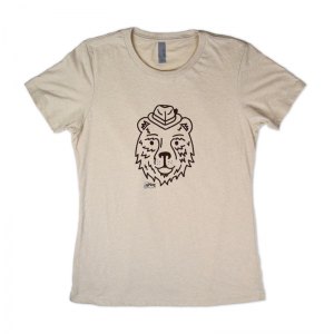 Pfriem bear logo natural tee with water based inks.