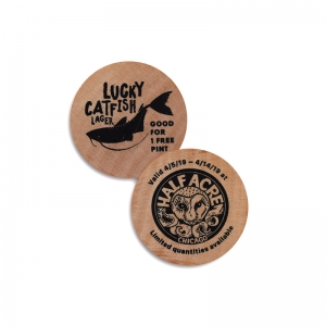 Half Acre wooden festival tokens