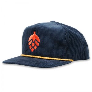 Navy corduroy hat with embroidered logo.